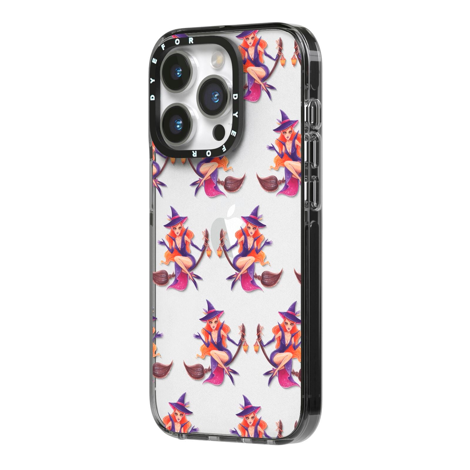 Halloween Witch iPhone 14 Pro Black Impact Case Side Angle on Silver phone
