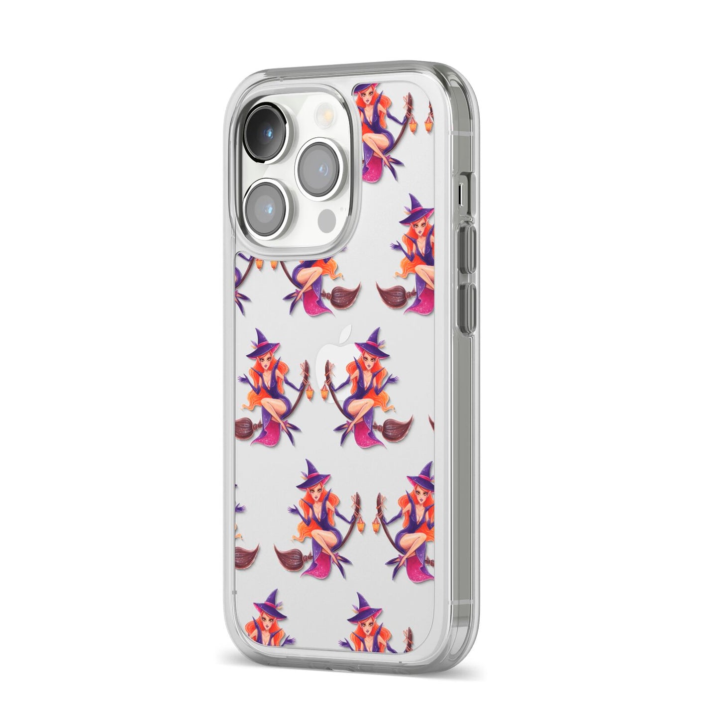 Halloween Witch iPhone 14 Pro Clear Tough Case Silver Angled Image