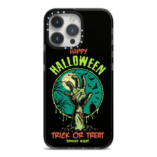 Halloween Zombie Hand iPhone 14 Pro Max Black Impact Case on Silver phone