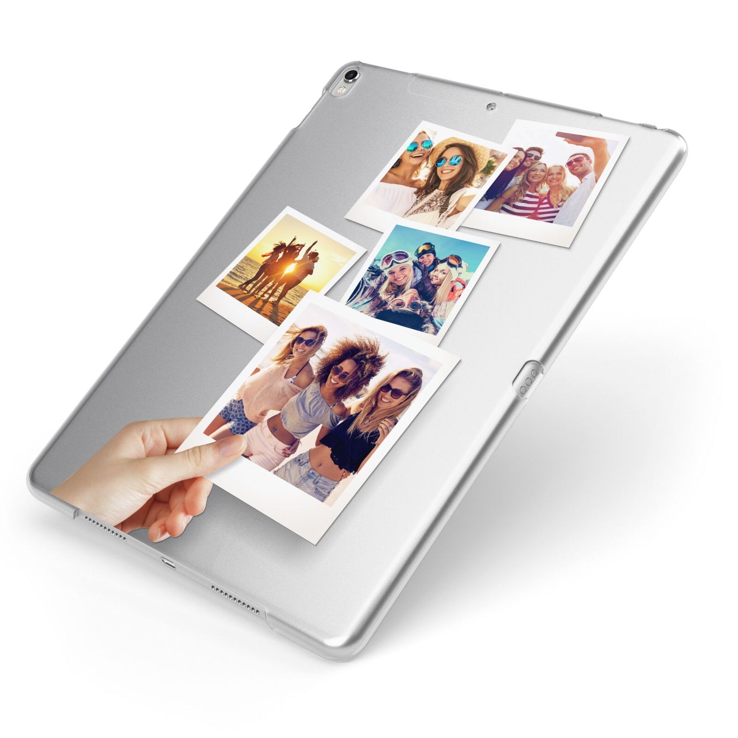 Hand Holding Photo Montage Upload Apple iPad Case on Silver iPad Side View