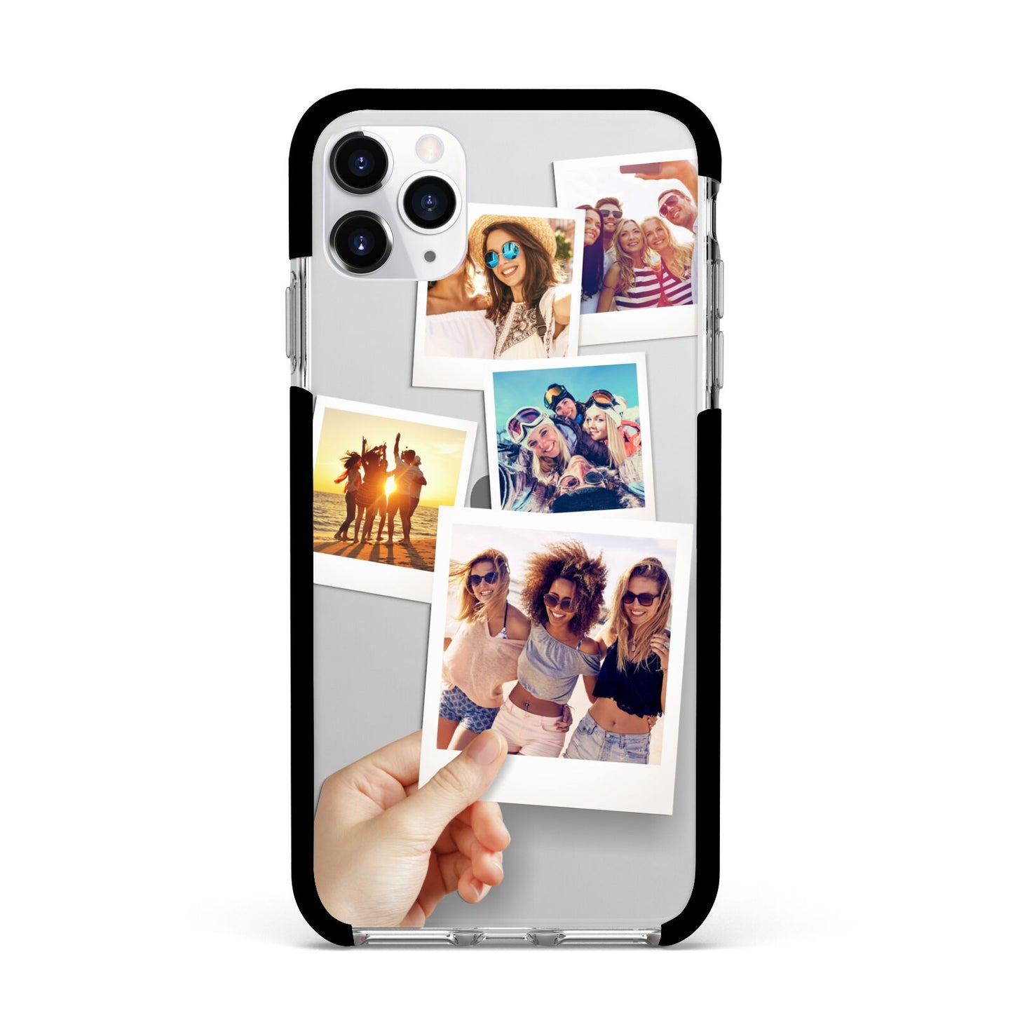 Hand Holding Photo Montage Upload Apple iPhone 11 Pro Max in Silver with Black Impact Case