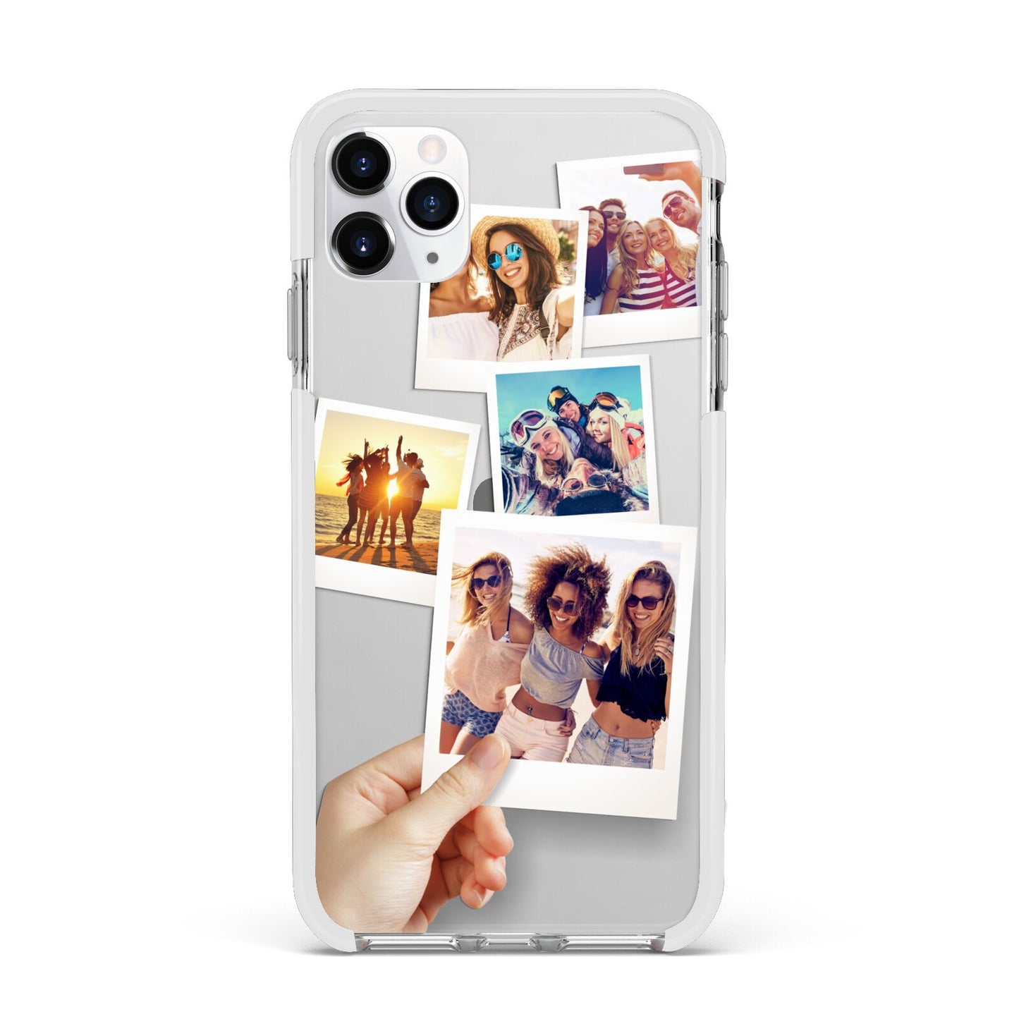 Hand Holding Photo Montage Upload Apple iPhone 11 Pro Max in Silver with White Impact Case
