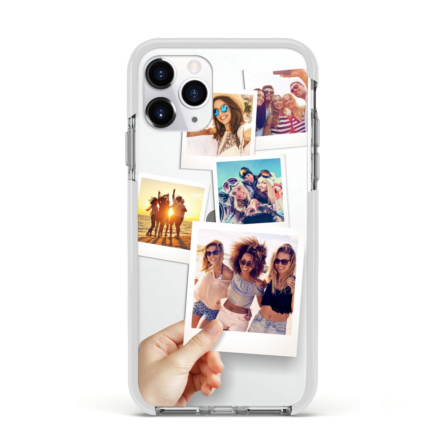 Hand Holding Photo Montage Upload Apple iPhone 11 Pro in Silver with White Impact Case