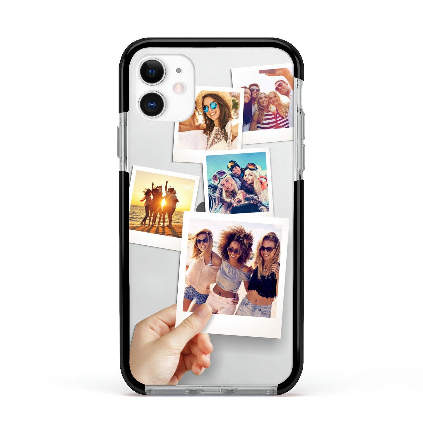 Hand Holding Photo Montage Upload Apple iPhone 11 in White with Black Impact Case