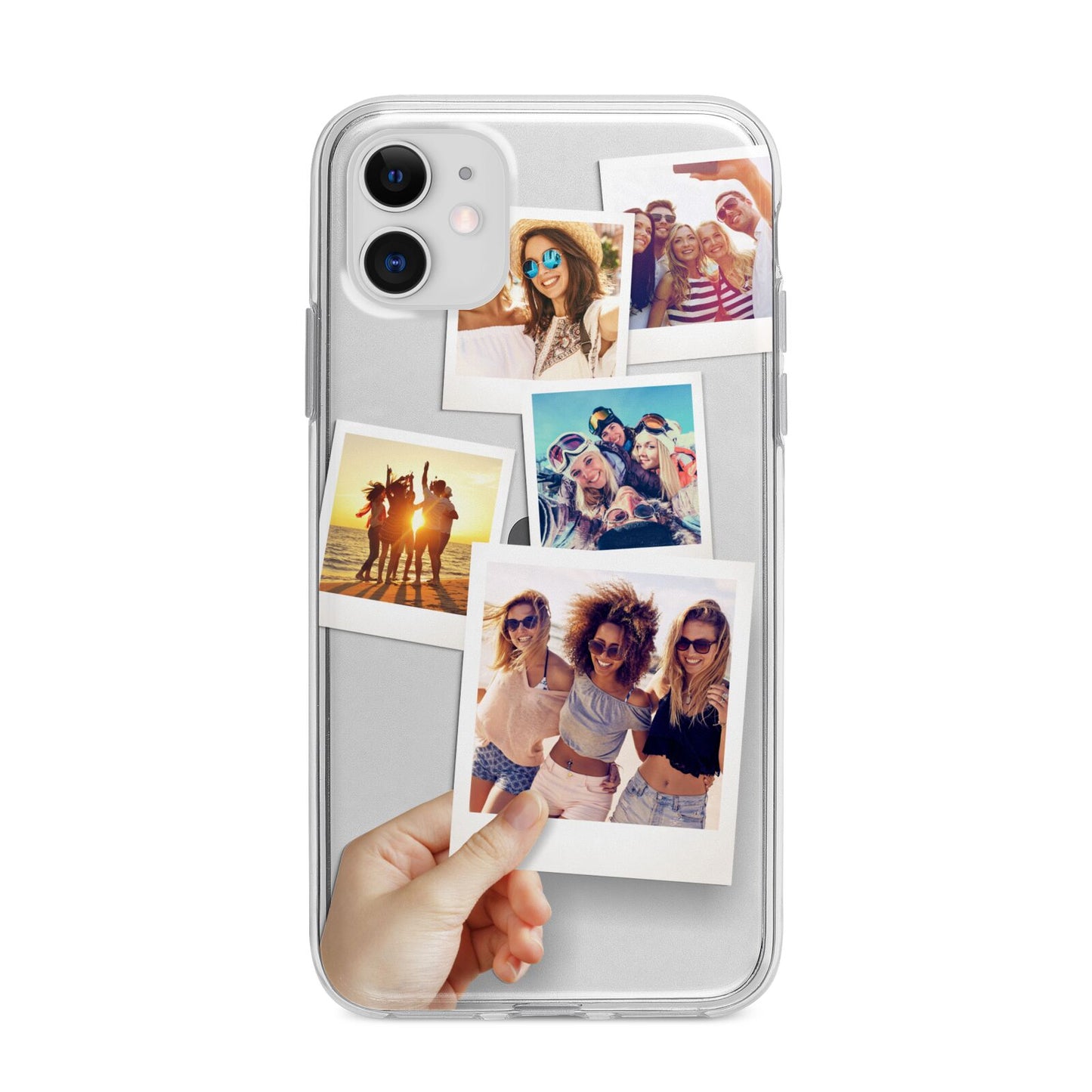 Hand Holding Photo Montage Upload Apple iPhone 11 in White with Bumper Case