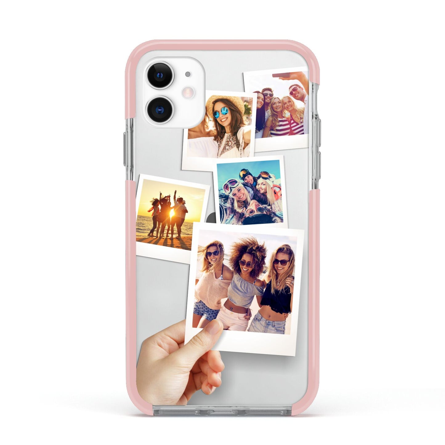 Hand Holding Photo Montage Upload Apple iPhone 11 in White with Pink Impact Case