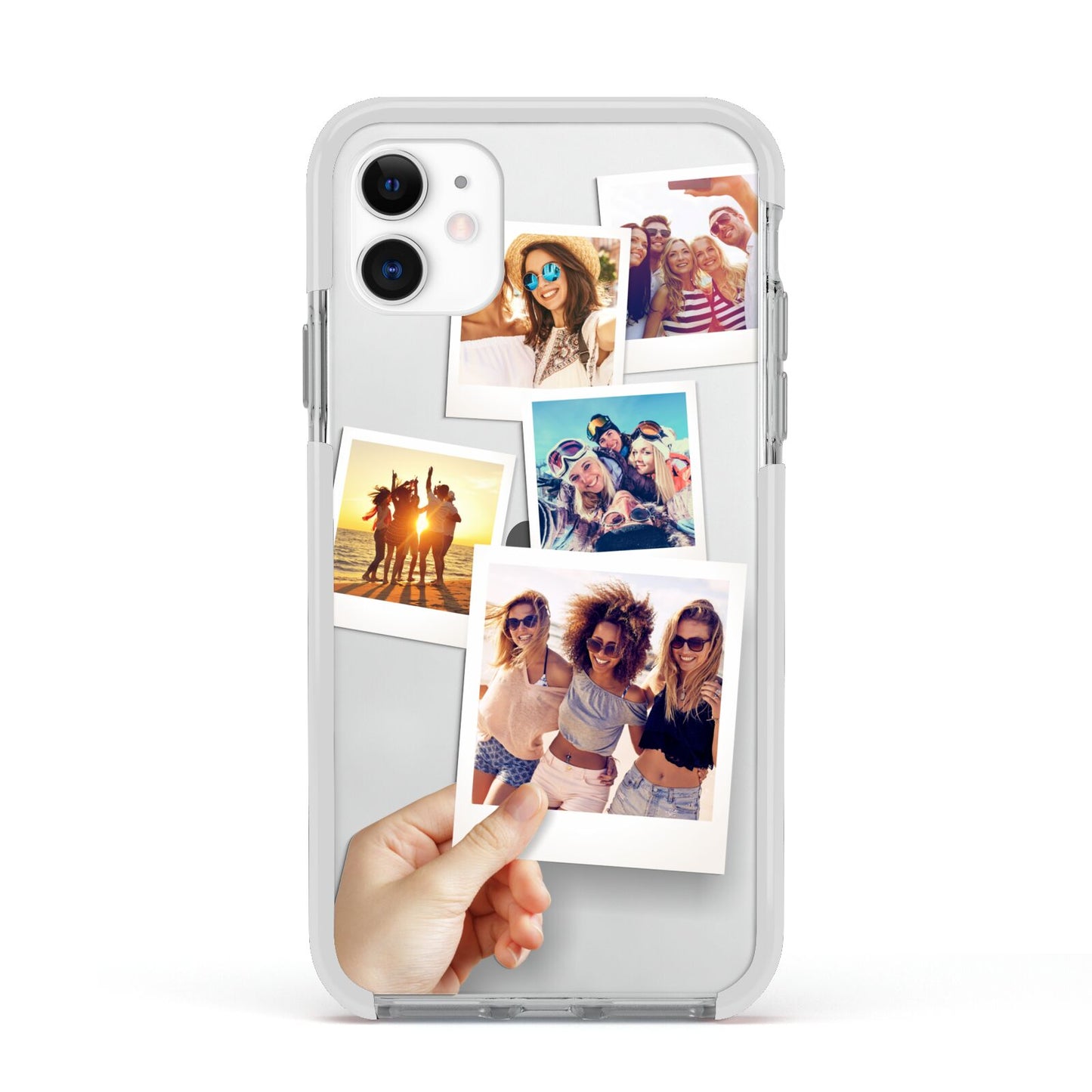 Hand Holding Photo Montage Upload Apple iPhone 11 in White with White Impact Case