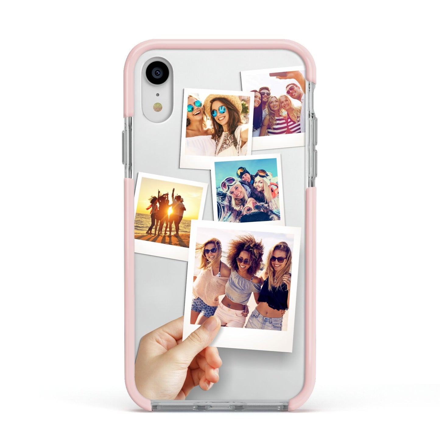 Hand Holding Photo Montage Upload Apple iPhone XR Impact Case Pink Edge on Silver Phone