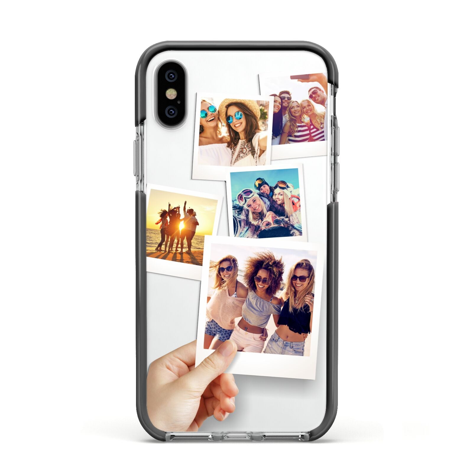 Hand Holding Photo Montage Upload Apple iPhone Xs Impact Case Black Edge on Silver Phone