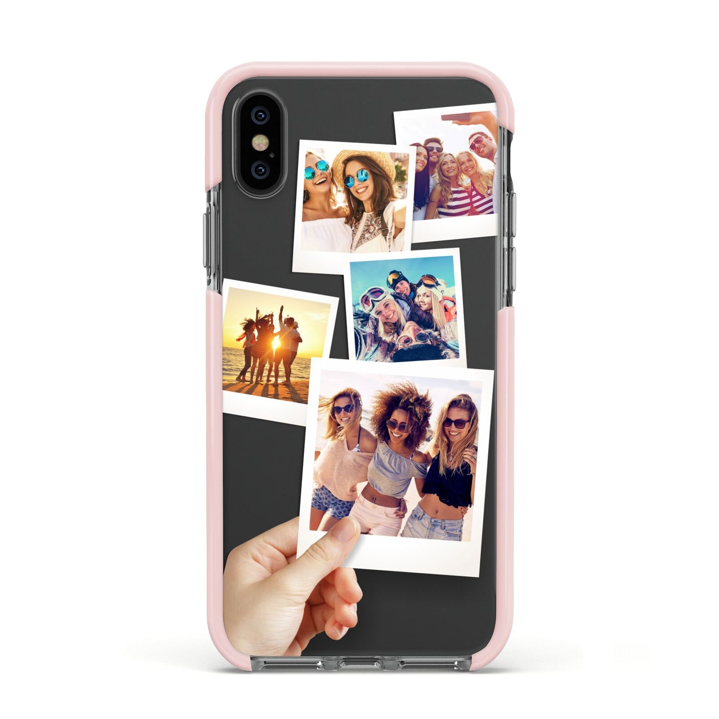 Hand Holding Photo Montage Upload Apple iPhone Xs Impact Case Pink Edge on Black Phone