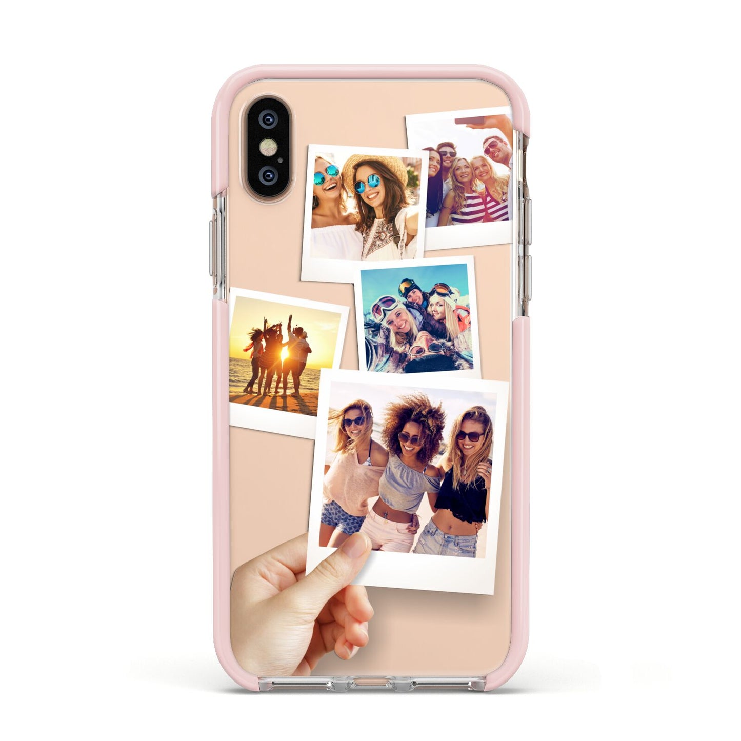 Hand Holding Photo Montage Upload Apple iPhone Xs Impact Case Pink Edge on Gold Phone