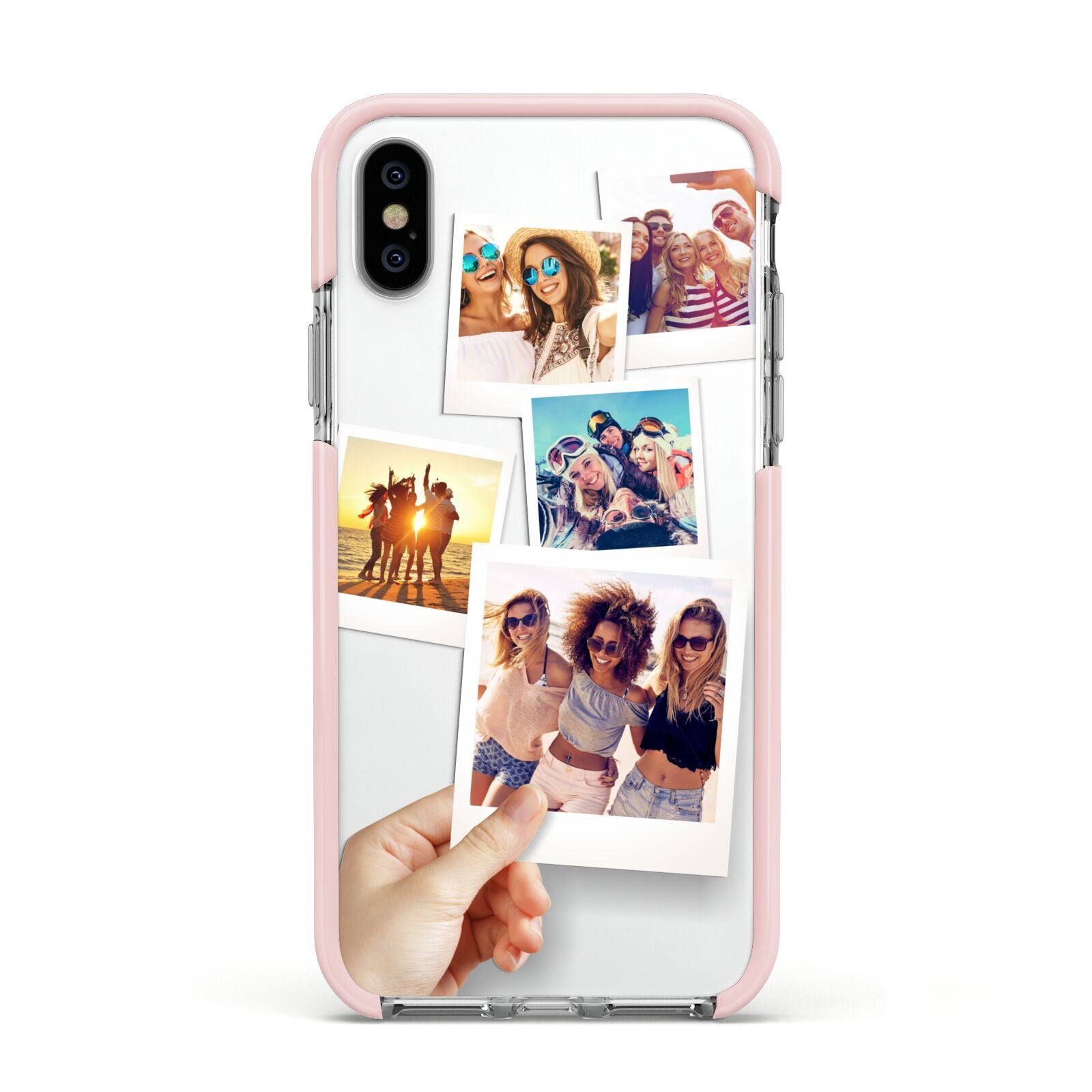 Hand Holding Photo Montage Upload Apple iPhone Xs Impact Case Pink Edge on Silver Phone