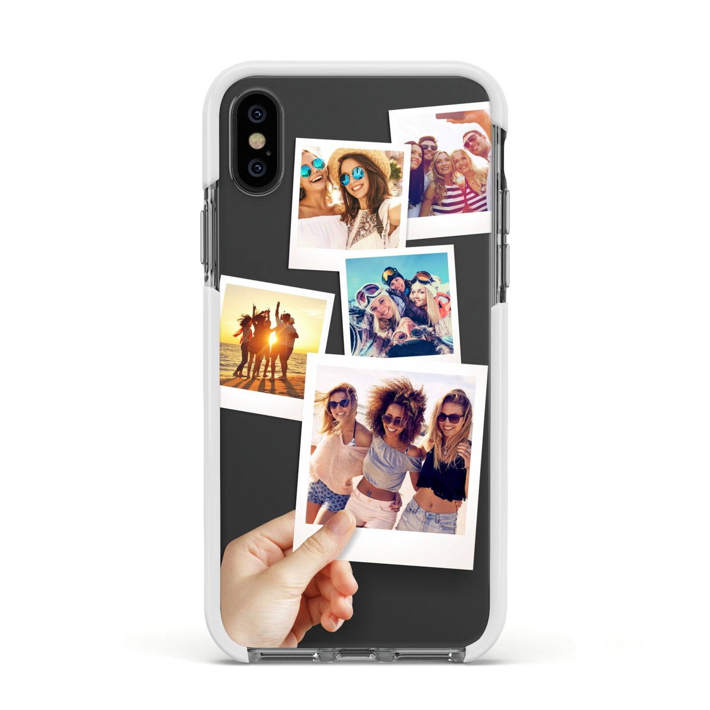 Hand Holding Photo Montage Upload Apple iPhone Xs Impact Case White Edge on Black Phone