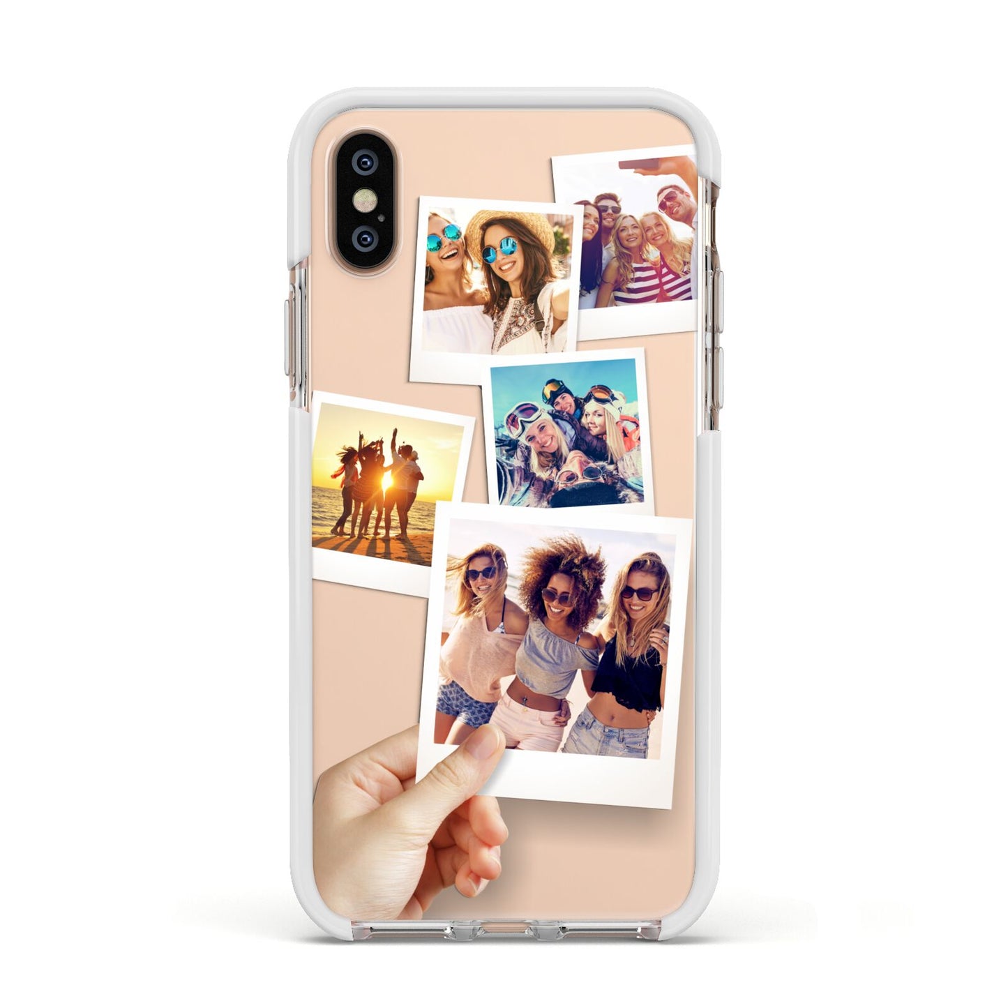 Hand Holding Photo Montage Upload Apple iPhone Xs Impact Case White Edge on Gold Phone