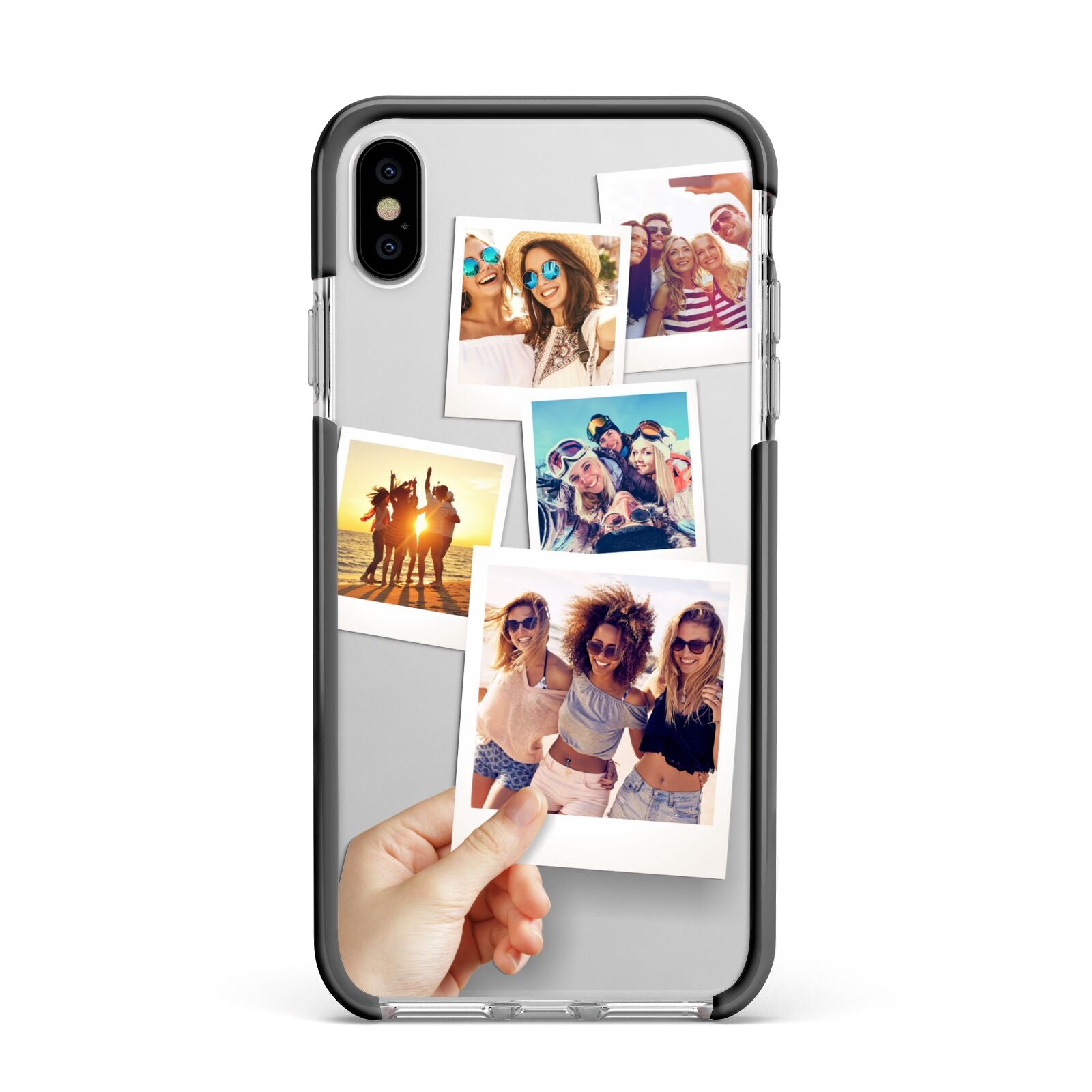 Hand Holding Photo Montage Upload Apple iPhone Xs Max Impact Case Black Edge on Silver Phone