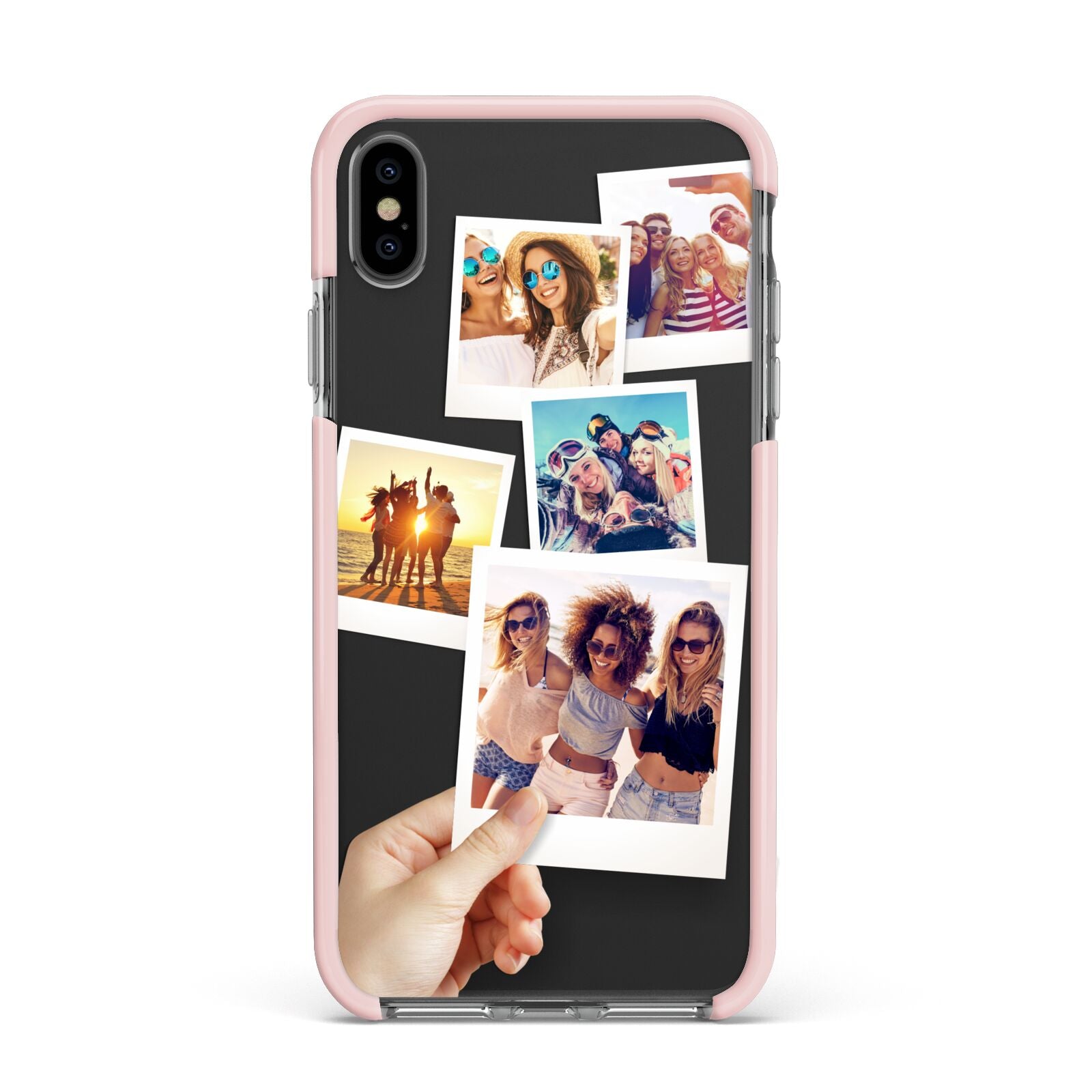 Hand Holding Photo Montage Upload Apple iPhone Xs Max Impact Case Pink Edge on Black Phone