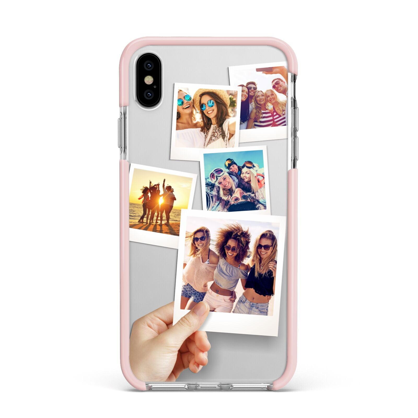 Hand Holding Photo Montage Upload Apple iPhone Xs Max Impact Case Pink Edge on Silver Phone