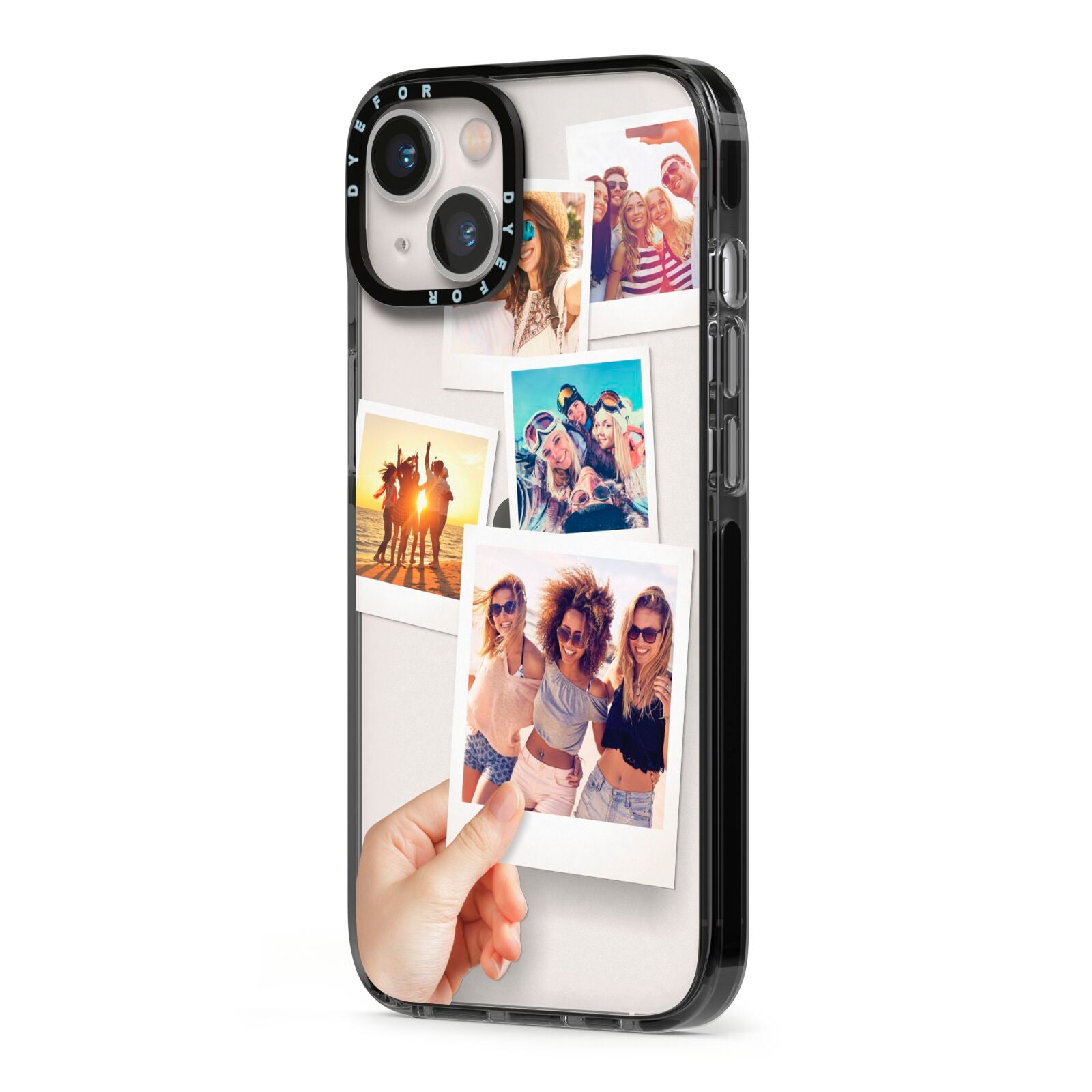 Hand Holding Photo Montage Upload iPhone 13 Black Impact Case Side Angle on Silver phone