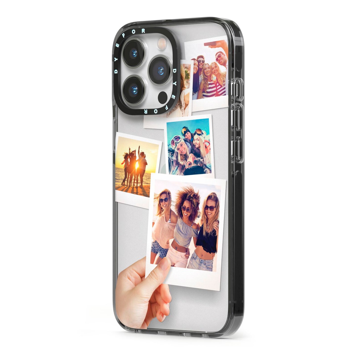 Hand Holding Photo Montage Upload iPhone 13 Pro Black Impact Case Side Angle on Silver phone