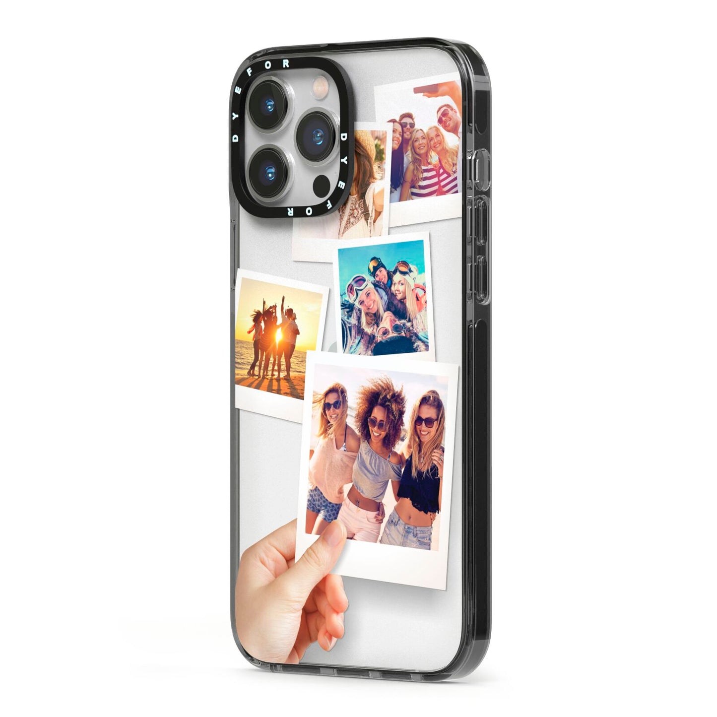 Hand Holding Photo Montage Upload iPhone 13 Pro Max Black Impact Case Side Angle on Silver phone