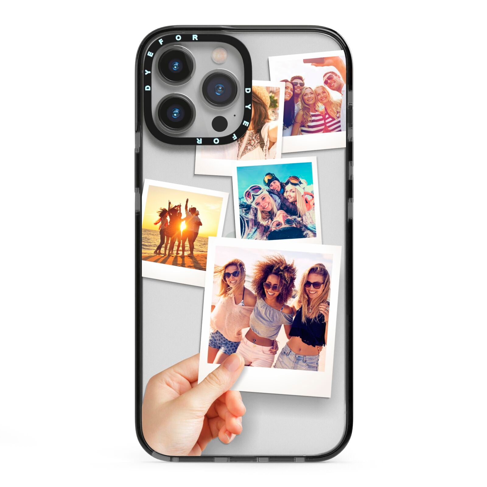 Hand Holding Photo Montage Upload iPhone 13 Pro Max Black Impact Case on Silver phone