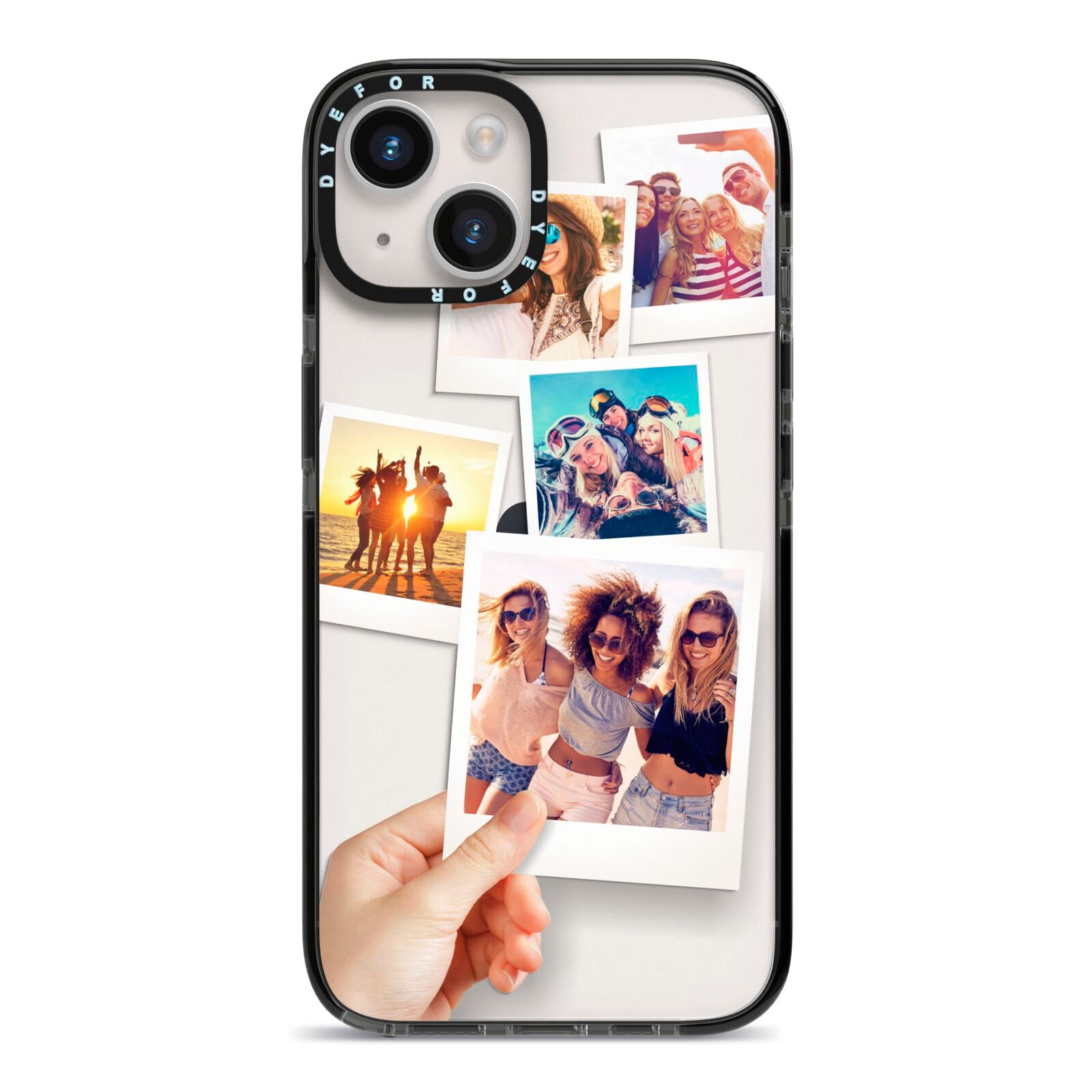 Hand Holding Photo Montage Upload iPhone 14 Black Impact Case on Silver phone