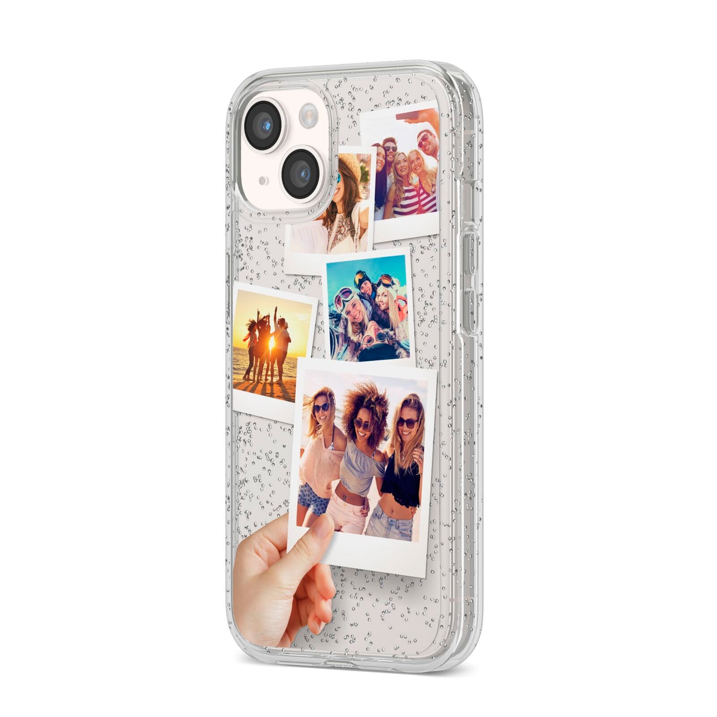 Hand Holding Photo Montage Upload iPhone 14 Glitter Tough Case Starlight Angled Image