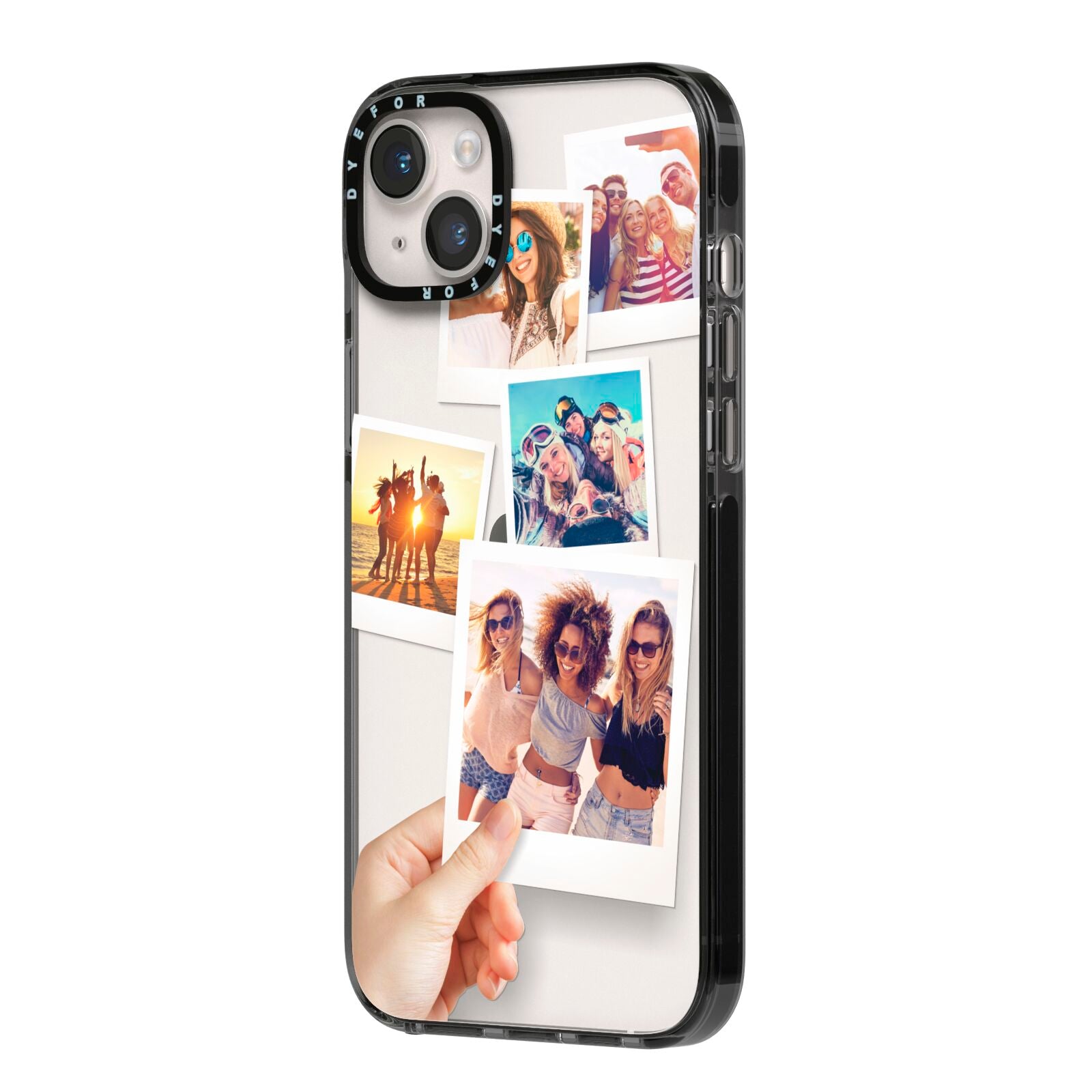 Hand Holding Photo Montage Upload iPhone 14 Plus Black Impact Case Side Angle on Silver phone