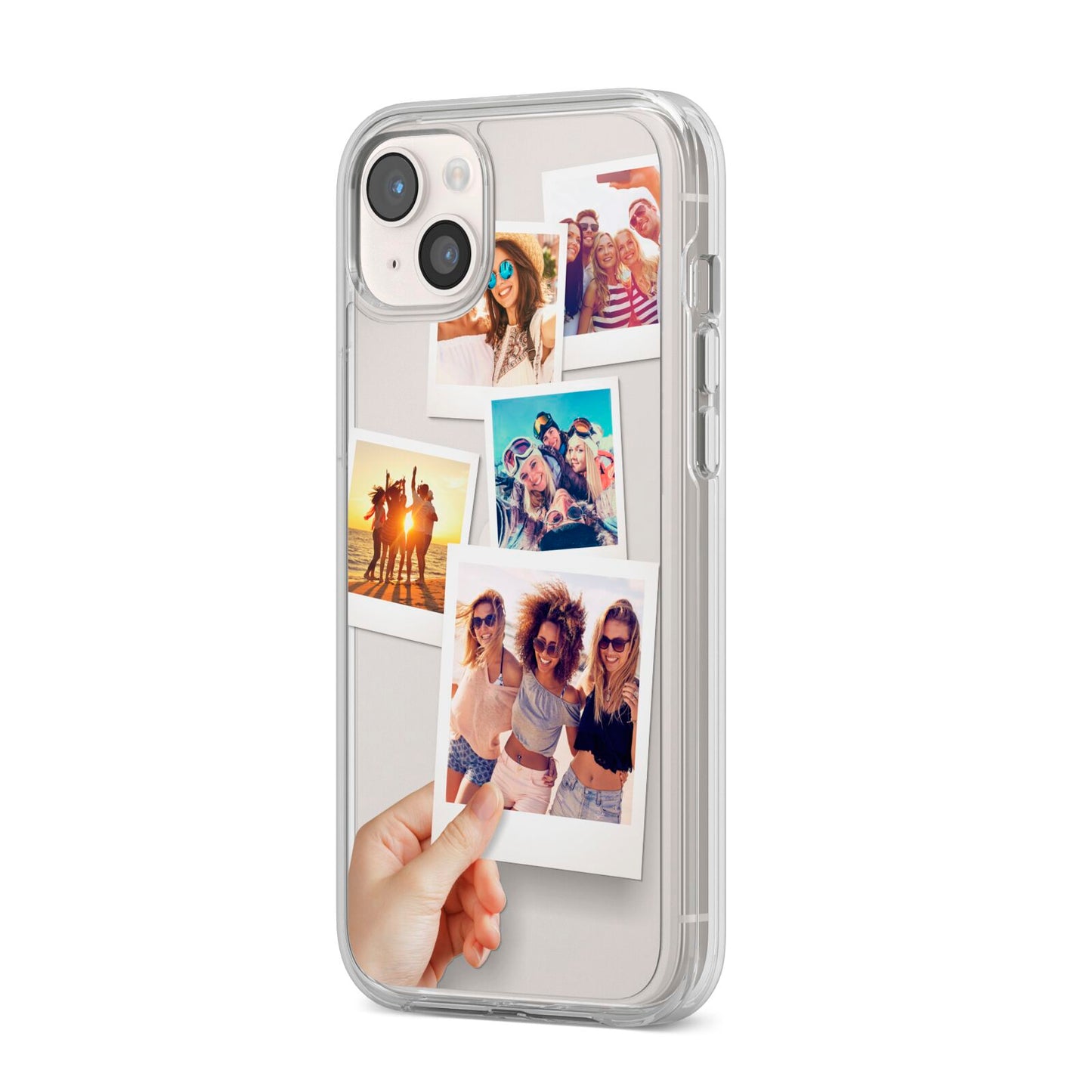 Hand Holding Photo Montage Upload iPhone 14 Plus Clear Tough Case Starlight Angled Image
