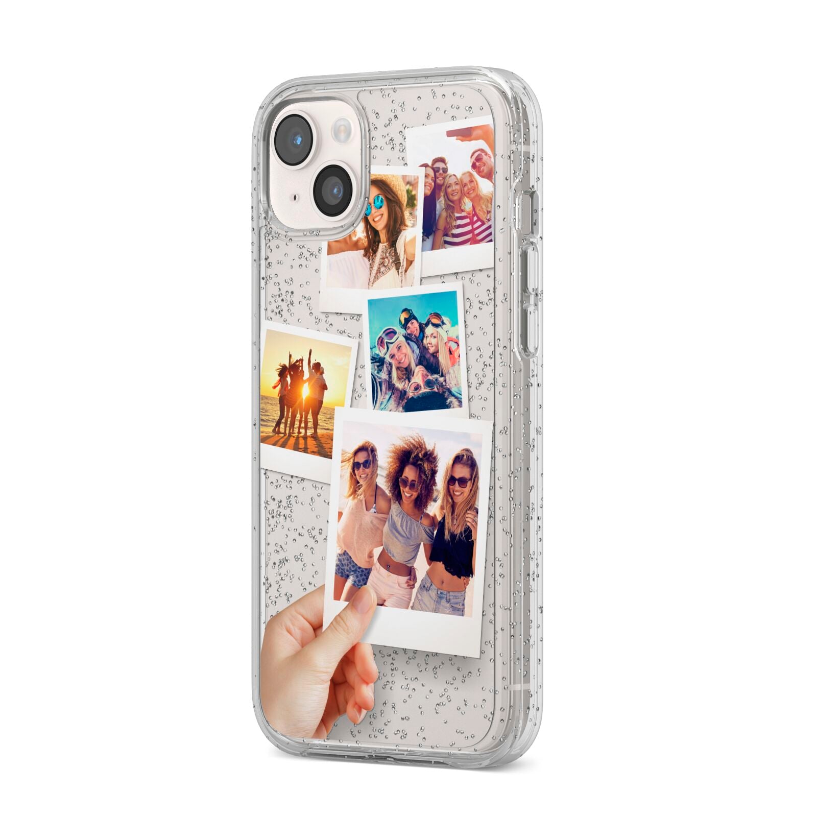 Hand Holding Photo Montage Upload iPhone 14 Plus Glitter Tough Case Starlight Angled Image
