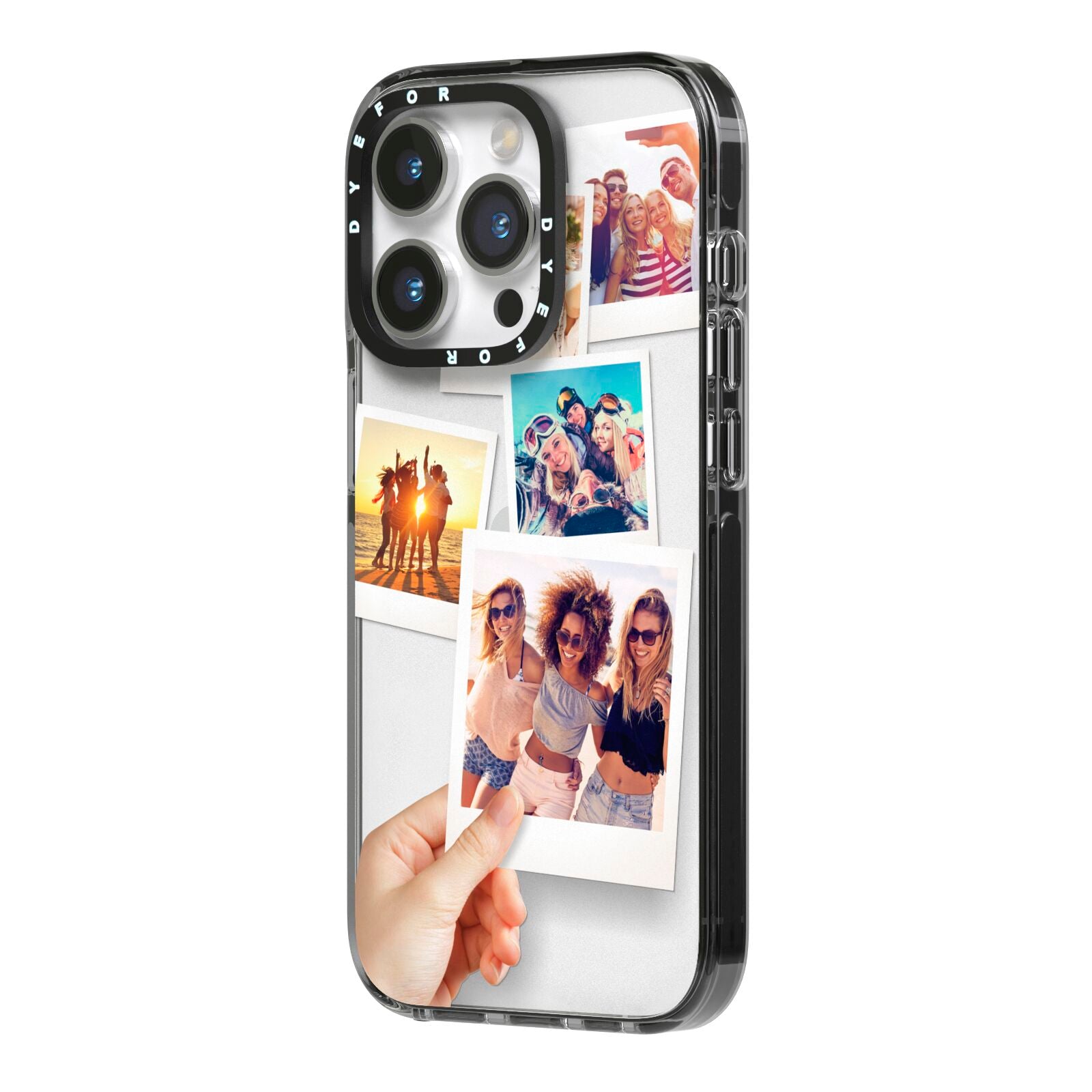 Hand Holding Photo Montage Upload iPhone 14 Pro Black Impact Case Side Angle on Silver phone