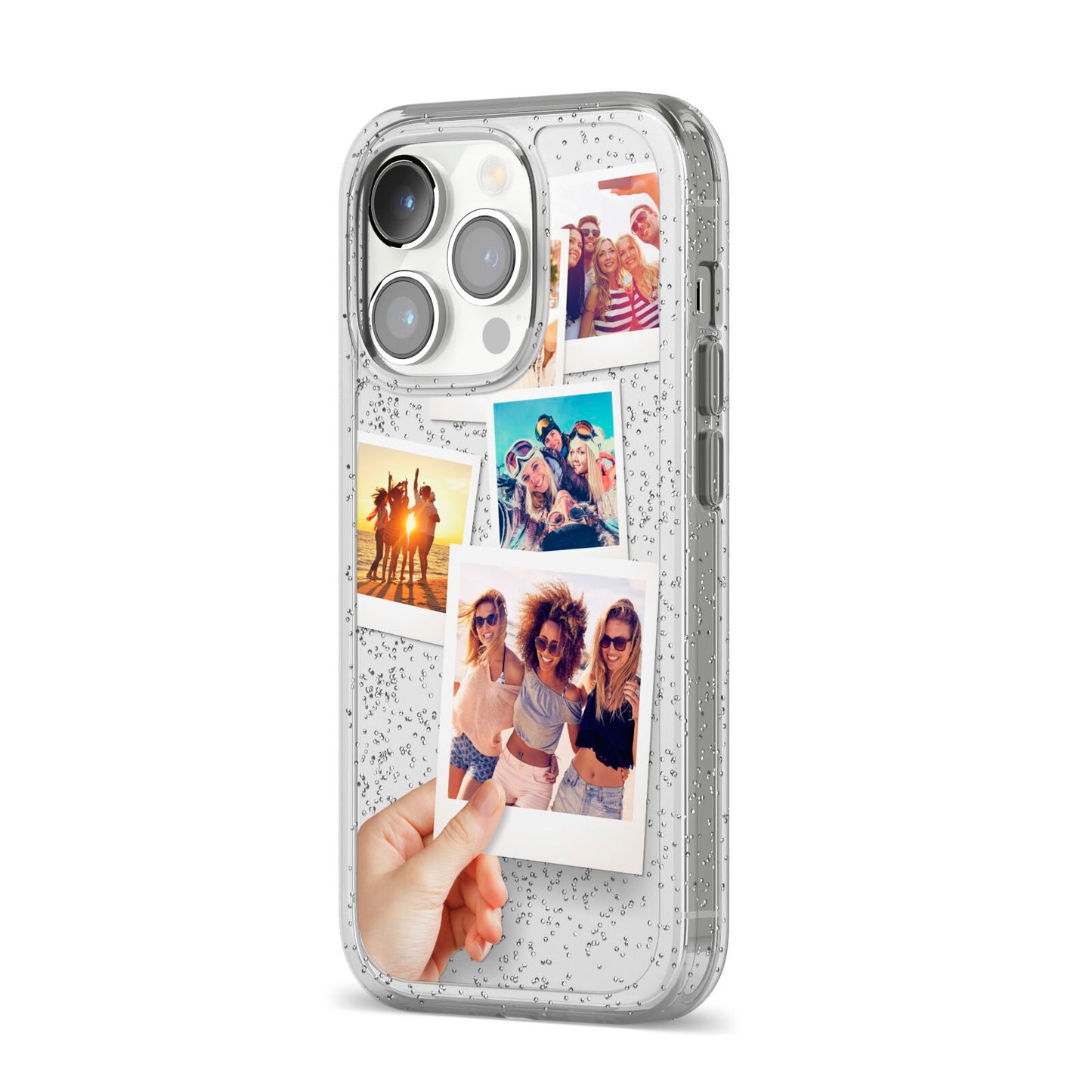 Hand Holding Photo Montage Upload iPhone 14 Pro Glitter Tough Case Silver Angled Image