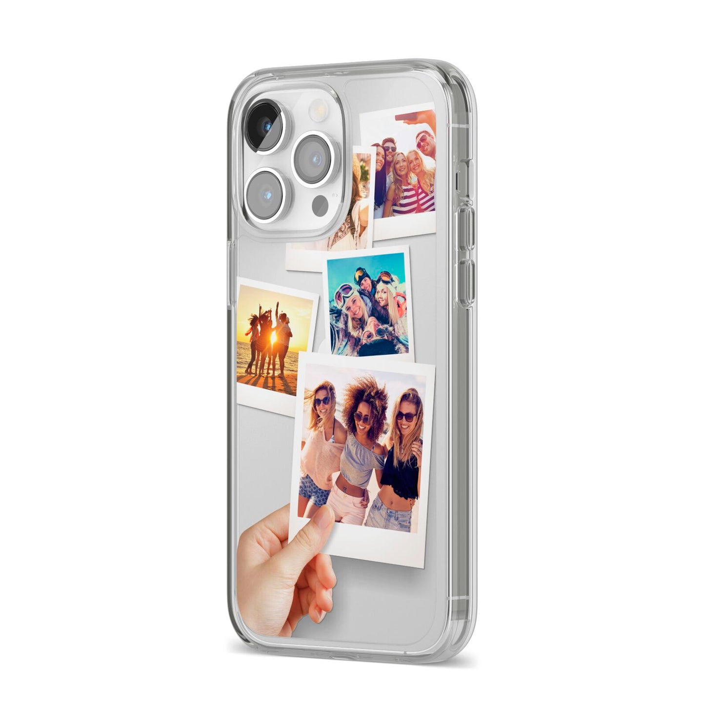 Hand Holding Photo Montage Upload iPhone 14 Pro Max Clear Tough Case Silver Angled Image