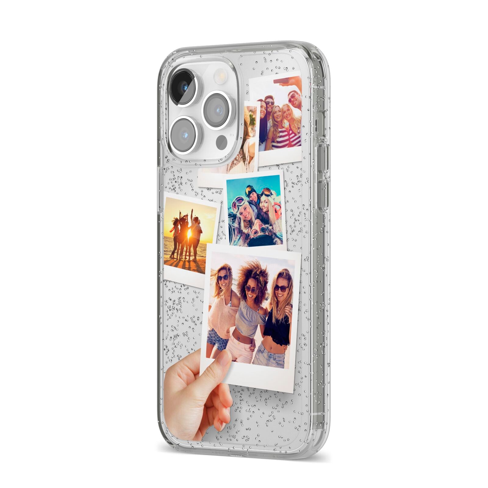 Hand Holding Photo Montage Upload iPhone 14 Pro Max Glitter Tough Case Silver Angled Image
