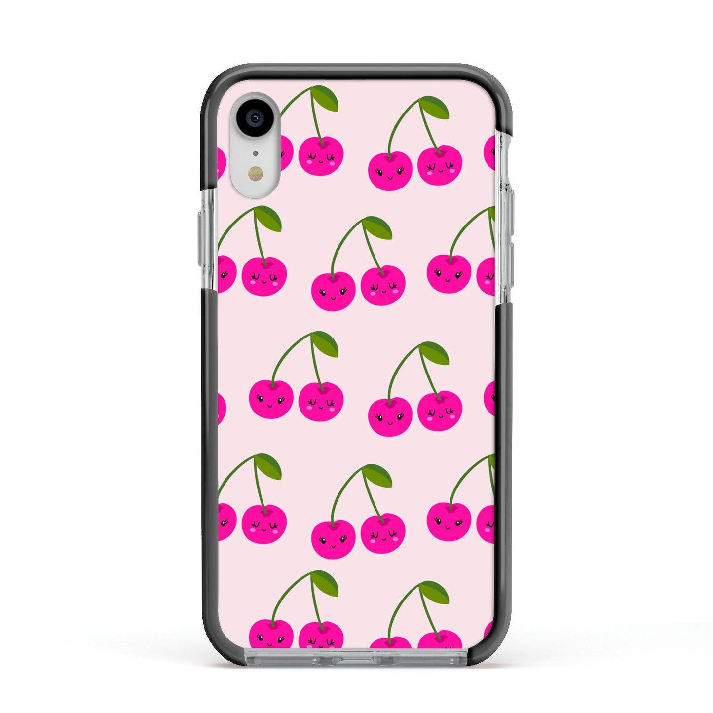Happy Cherry Apple iPhone XR Impact Case Black Edge on Silver Phone