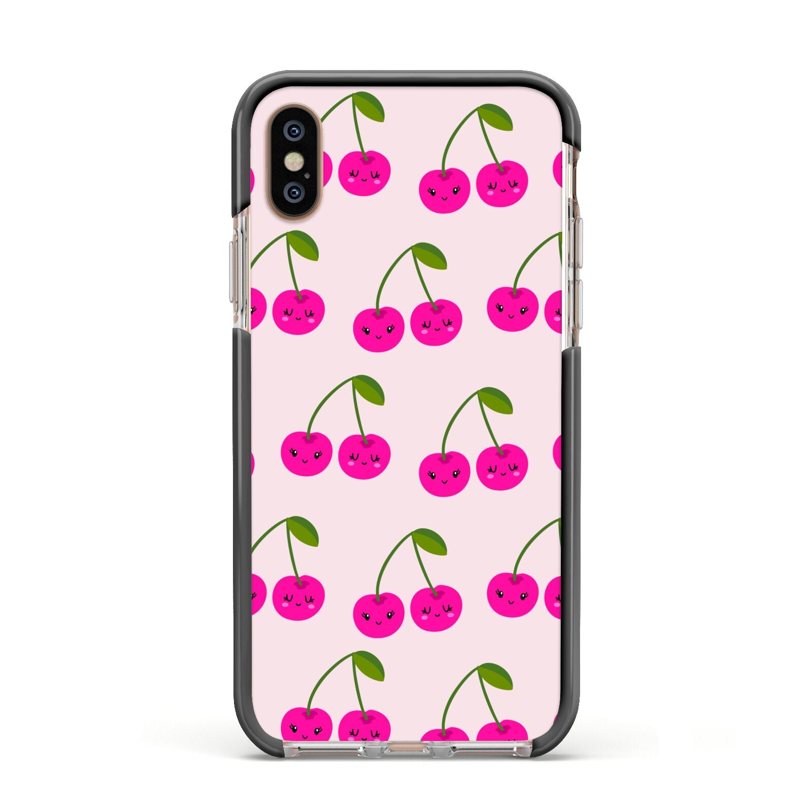 Happy Cherry Apple iPhone Xs Impact Case Black Edge on Gold Phone