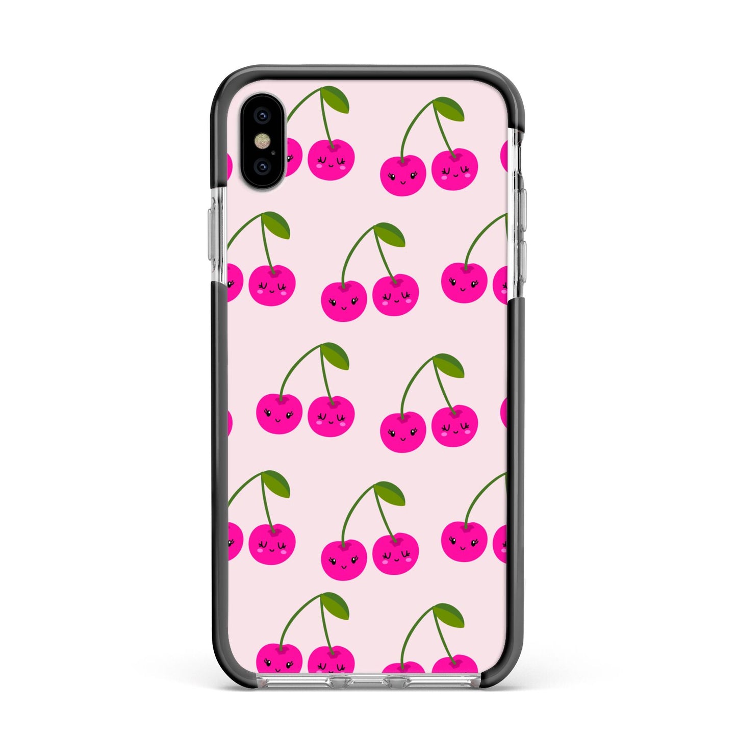 Happy Cherry Apple iPhone Xs Max Impact Case Black Edge on Silver Phone