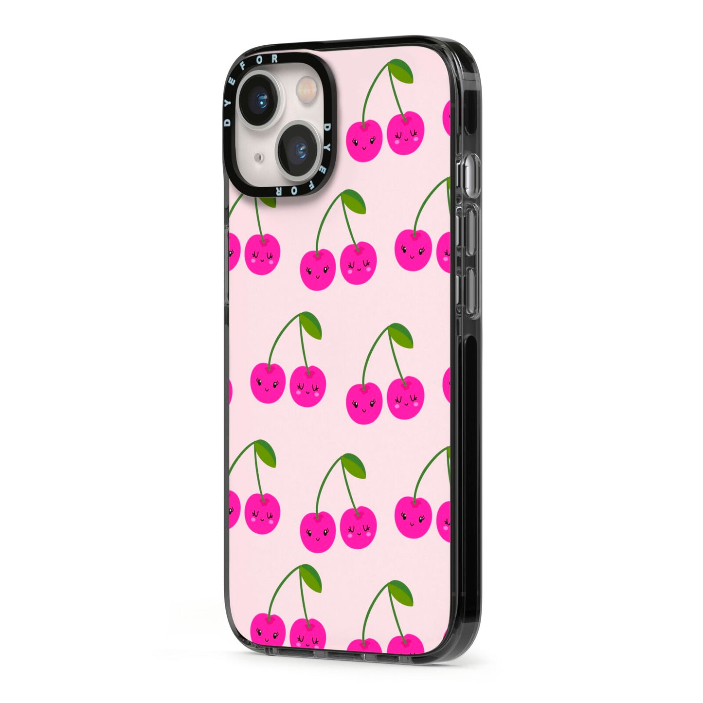 Happy Cherry iPhone 13 Black Impact Case Side Angle on Silver phone
