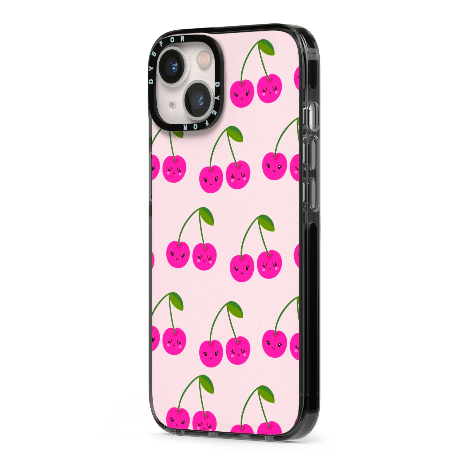Happy Cherry iPhone 13 Black Impact Case Side Angle on Silver phone