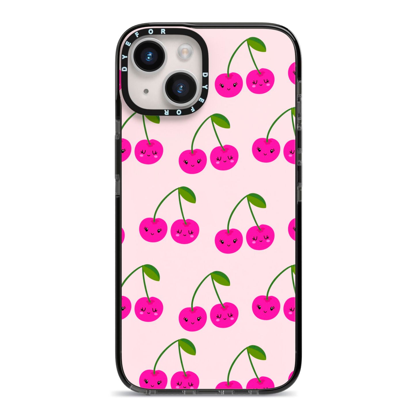 Happy Cherry iPhone 14 Black Impact Case on Silver phone