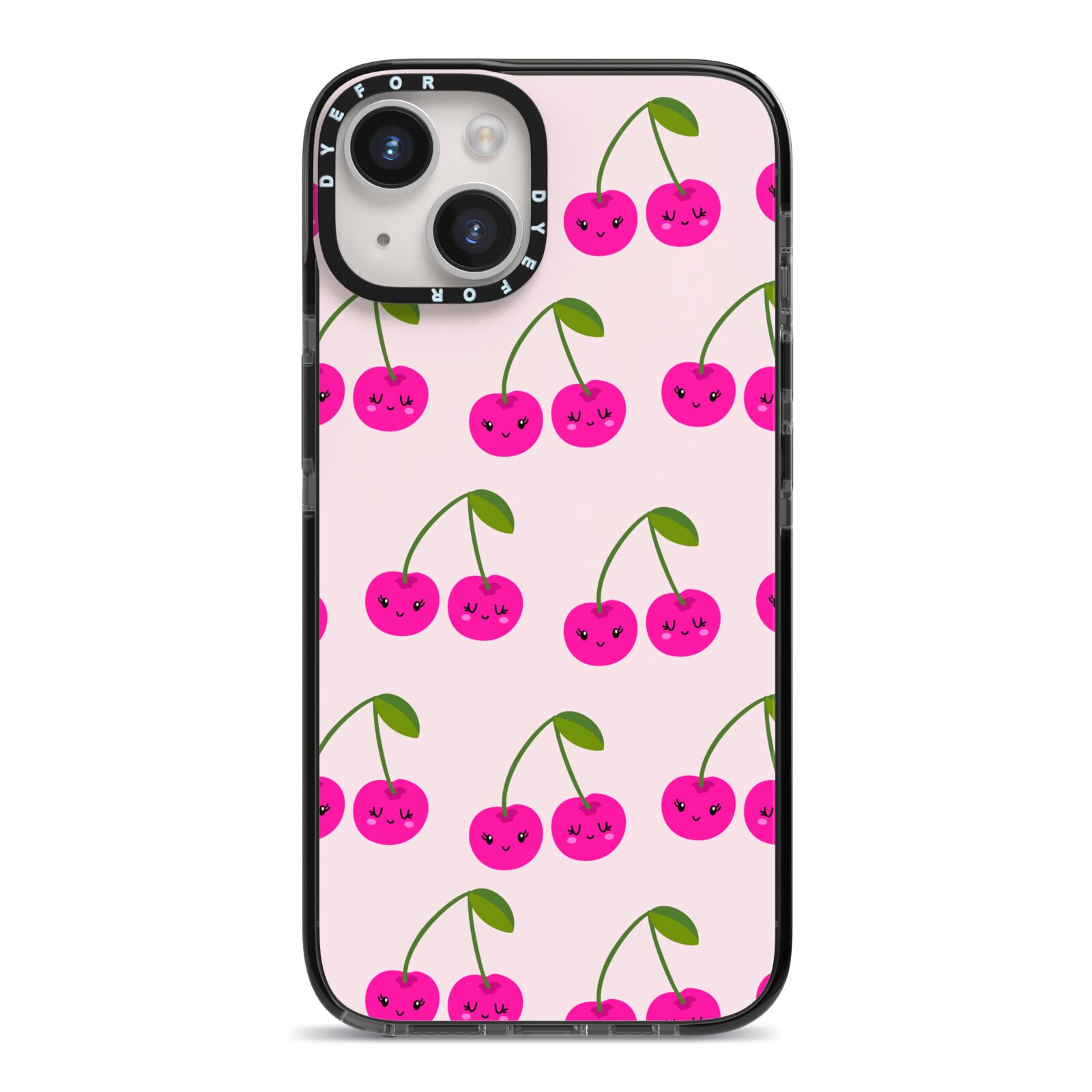 Happy Cherry iPhone 14 Black Impact Case on Silver phone