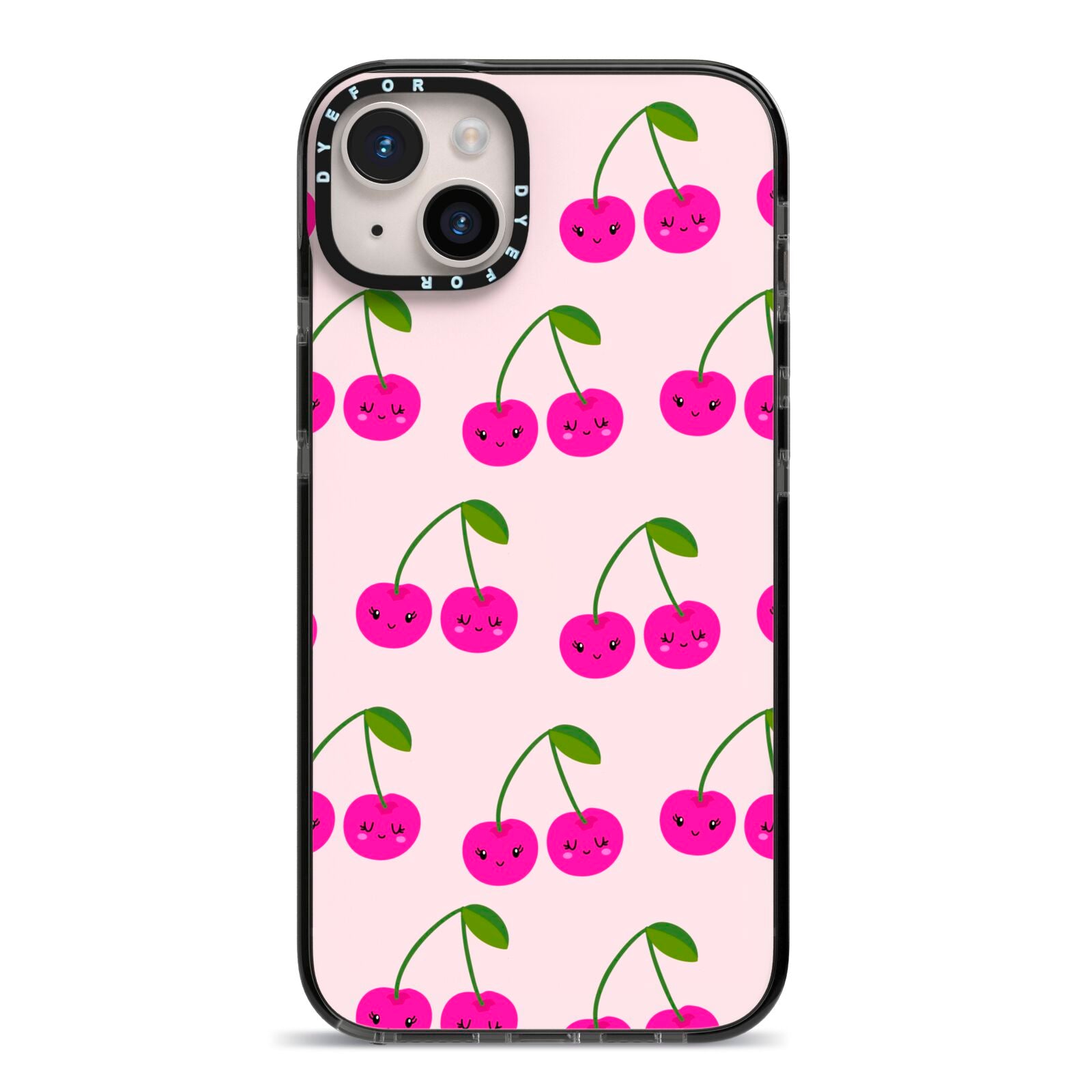 Happy Cherry iPhone 14 Plus Black Impact Case on Silver phone