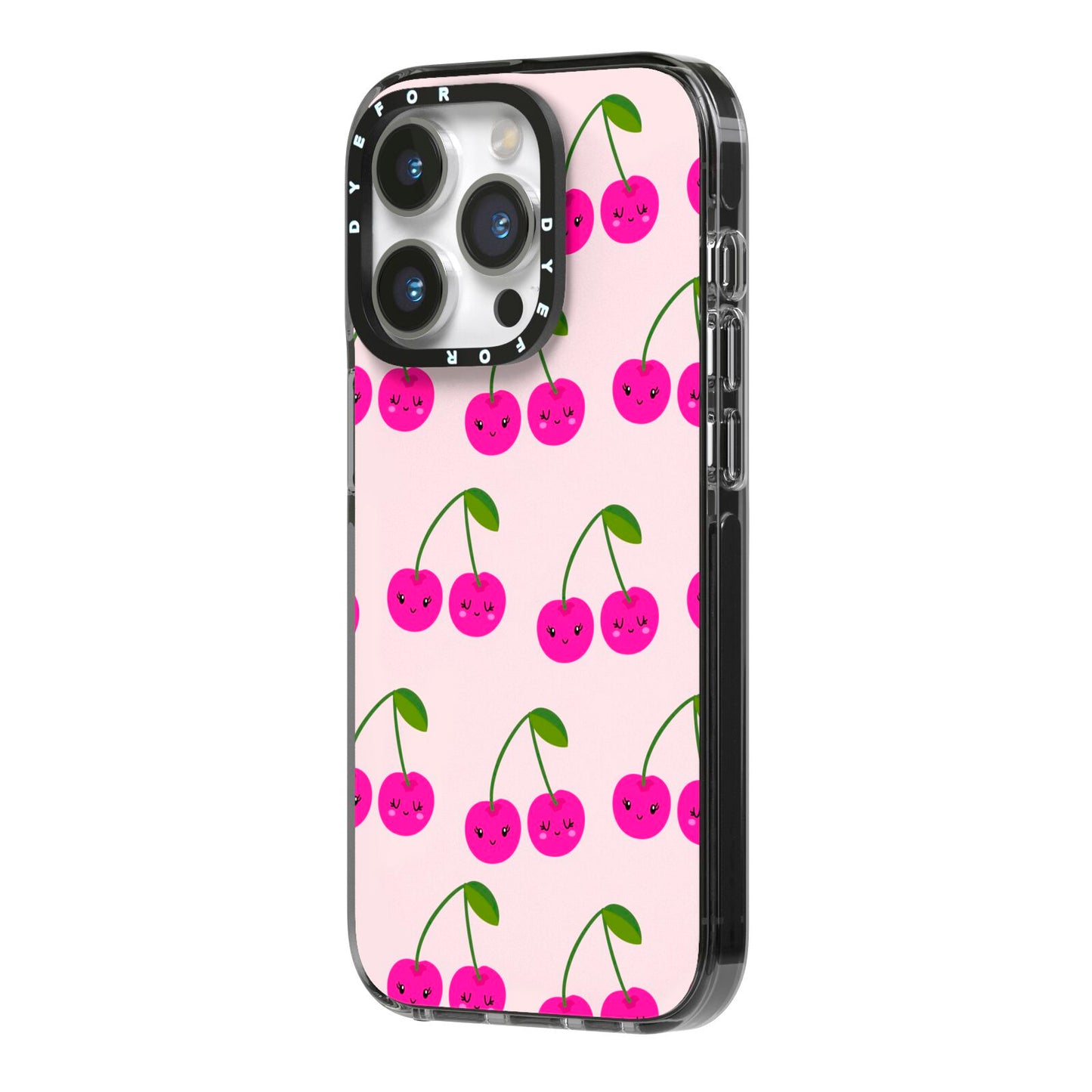 Happy Cherry iPhone 14 Pro Black Impact Case Side Angle on Silver phone