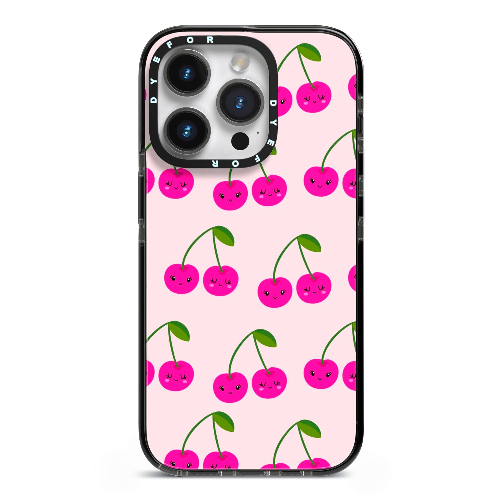 Happy Cherry iPhone 14 Pro Black Impact Case on Silver phone