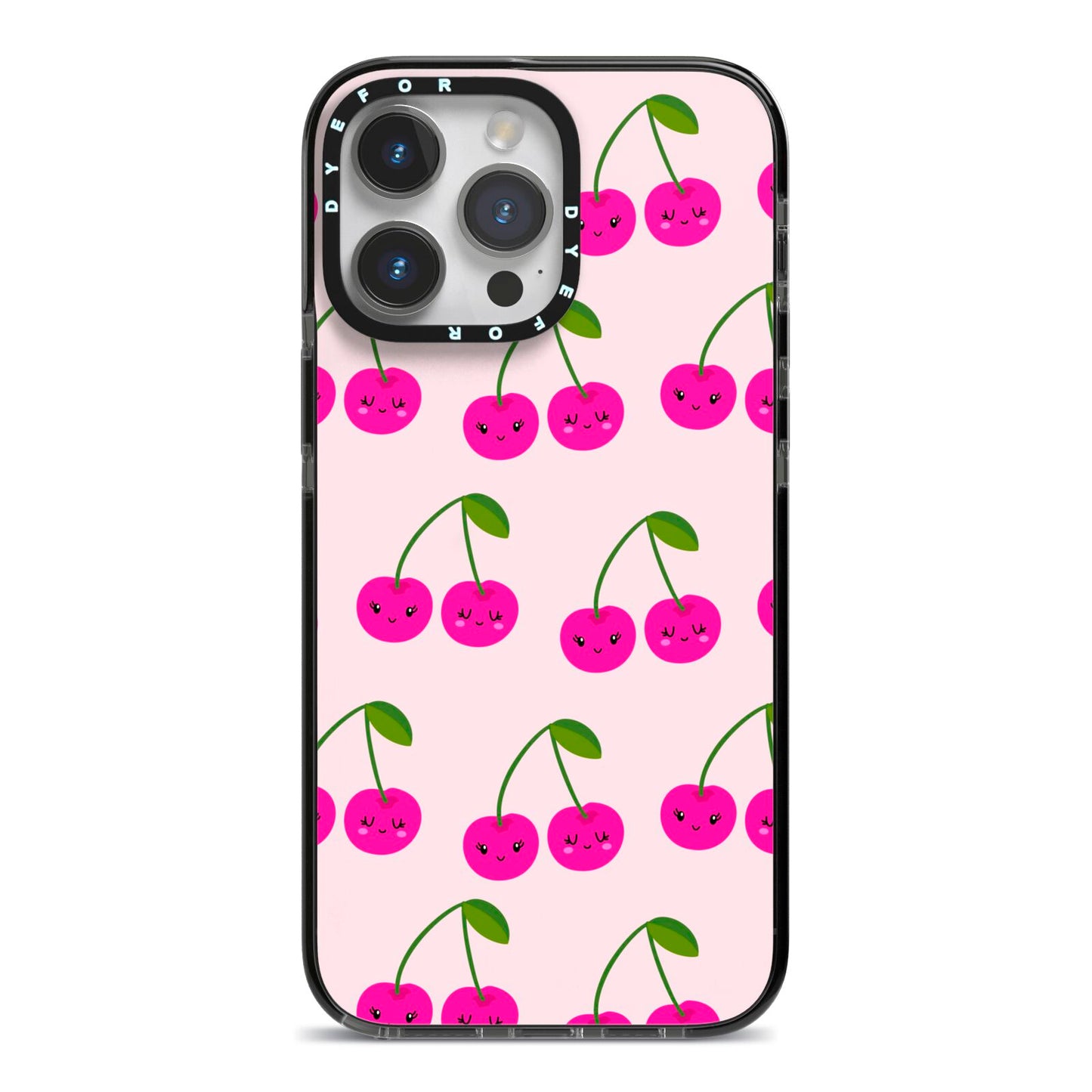 Happy Cherry iPhone 14 Pro Max Black Impact Case on Silver phone