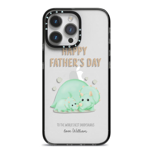 Happy Fathers Day Custom Triceratops iPhone 14 Pro Max Black Impact Case on Silver phone