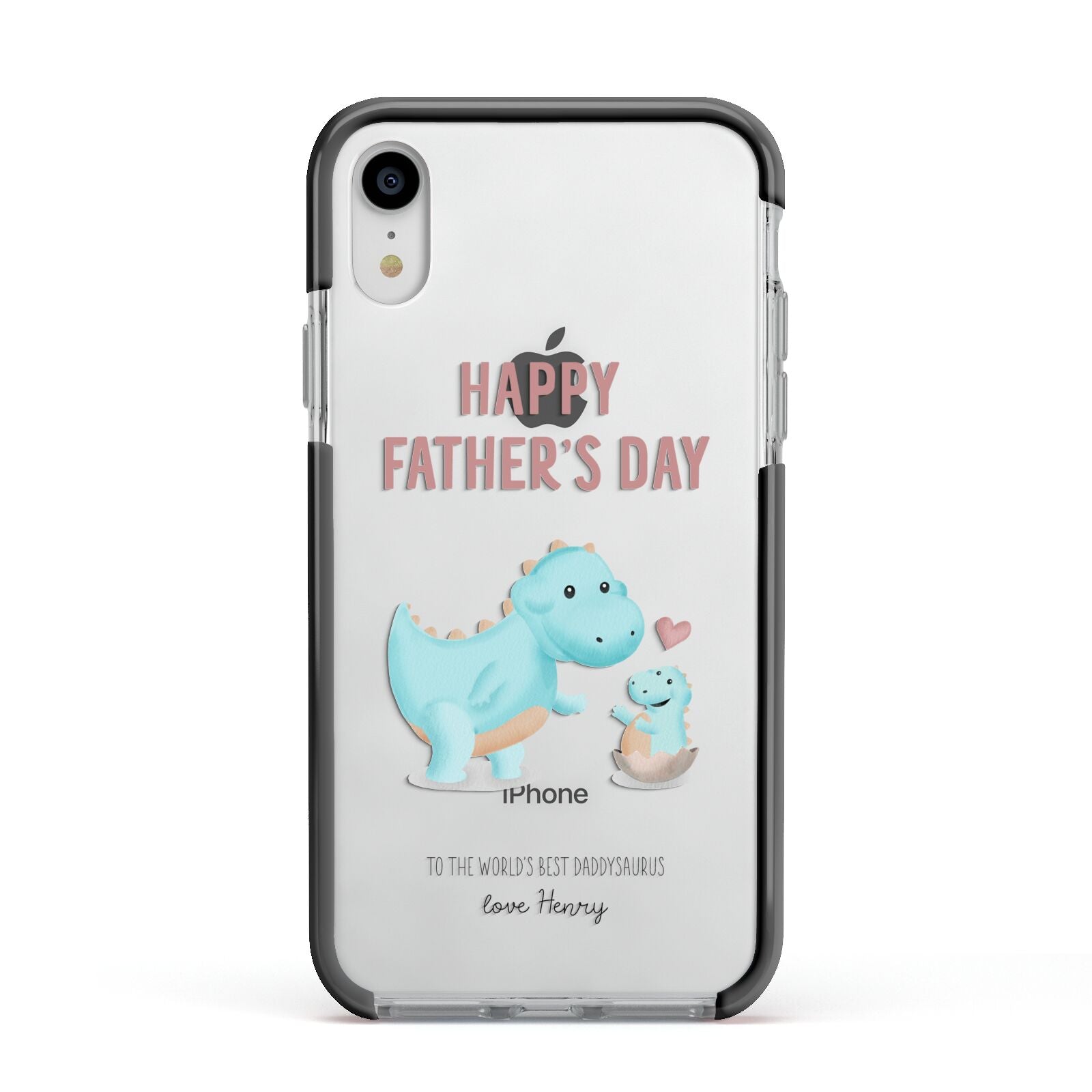 Happy Fathers Day Daddysaurus Apple iPhone XR Impact Case Black Edge on Silver Phone
