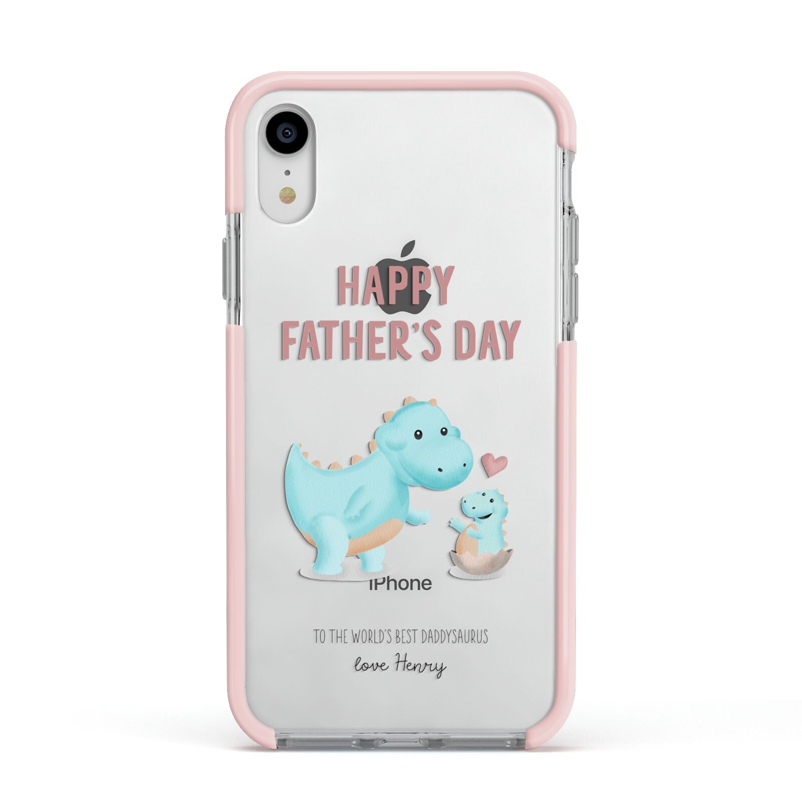 Happy Fathers Day Daddysaurus Apple iPhone XR Impact Case Pink Edge on Silver Phone