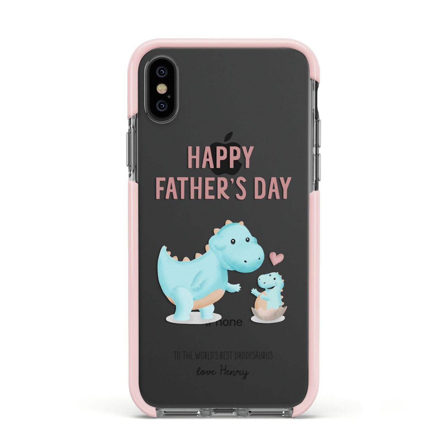 Happy Fathers Day Daddysaurus Apple iPhone Xs Impact Case Pink Edge on Black Phone