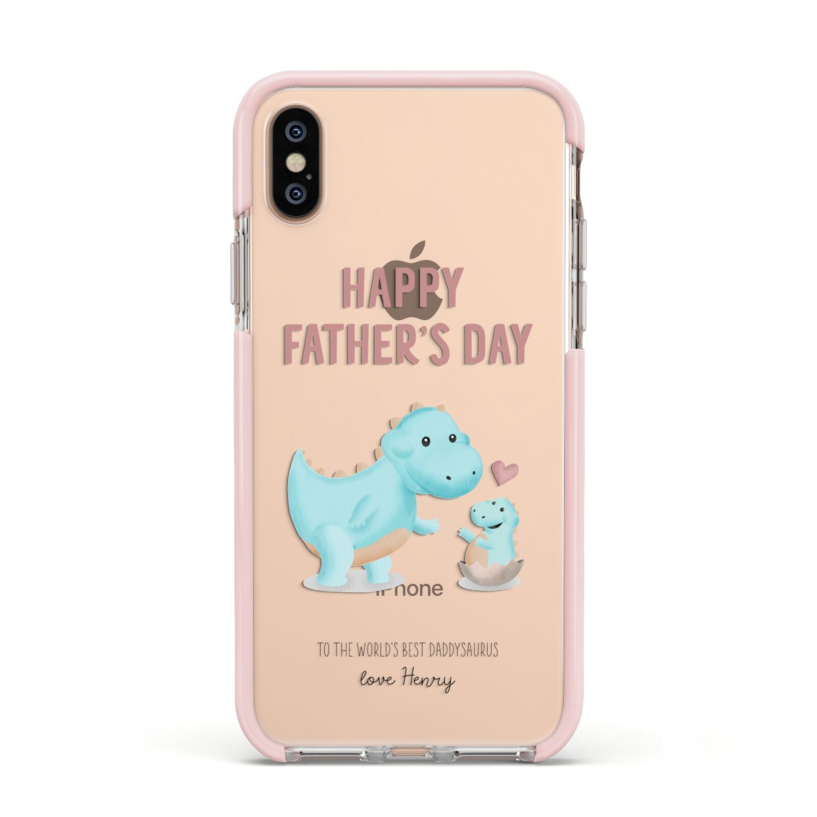 Happy Fathers Day Daddysaurus Apple iPhone Xs Impact Case Pink Edge on Gold Phone